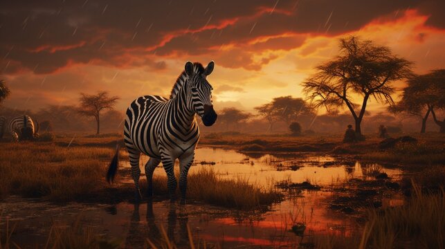 Create an evocative AI-rendered image that showcases zebras in the African savanna during a rainy sunrise. 