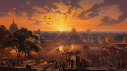A serene city scene of New Delhi celebrating holi, with sunset with visible brushwork. Impasto...