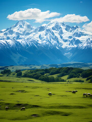Snowy Mountains Behind A Green Field, a group of sheep grazing in a field with a snowy mountain in the background.