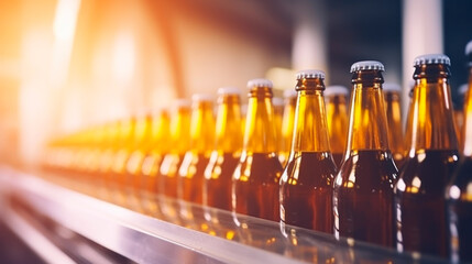 Beer bottles on production conveyor belt. - obrazy, fototapety, plakaty