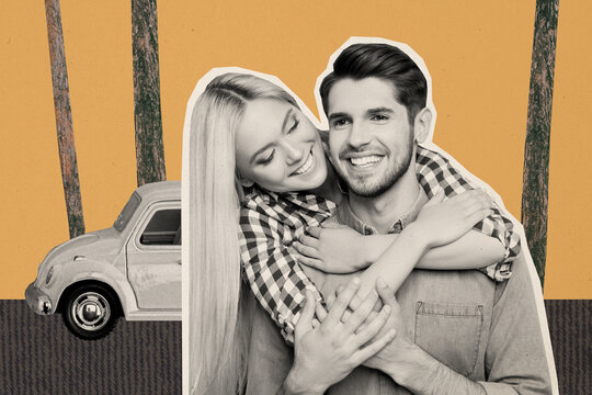 Creative collage picture of two cheerful lovely partners cuddle auto trip trees isolated on drawing orange background