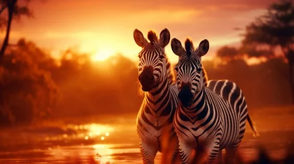 Fotobehang Create a mesmerizing AI-generated image of zebras in the African savanna under a spectacular rainy sunrise. The gentle rain and soft light should enhance the serene beauty of this natural scene. © Intra