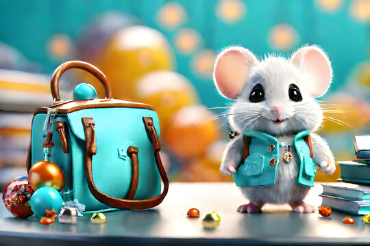 Chubby Cute little mouse student on a table , he is readying for Study   