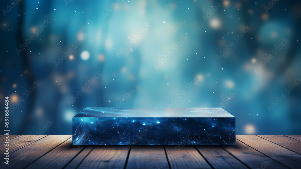Poster small rectangular platform, a rectangular object on a wood surface.