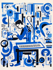Man Playing Music On Modular Synthesizer, a man sitting at a piano.