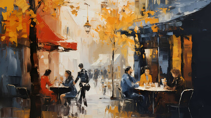 Oil Painting Of A Street Cafe In Paris, a painting of people sitting at tables outside a restaurant.