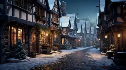 Fototapeta na wymiar A Very Realistic Photo Of A Street In Germany, a snow covered street with houses and lights.