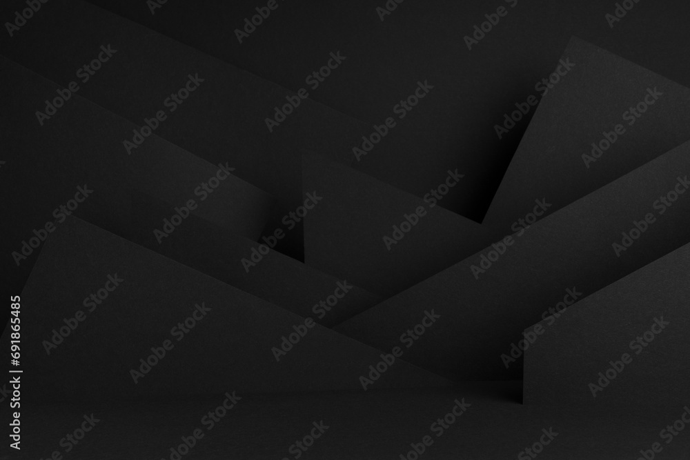 Poster rich black stage mockup with abstract geometric pattern of angles, polygonal shapes and triangles as