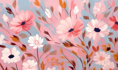 Acrylic painting summer spring flowers pattern, pastel pink colors, Bright hand drawn blossom artistic flowers print. Modern botanical pattern. Generative AI