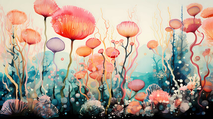 Obraz na płótnie Canvas Bubble Coral Where Bubbles Floated, a painting of colorful flowers.