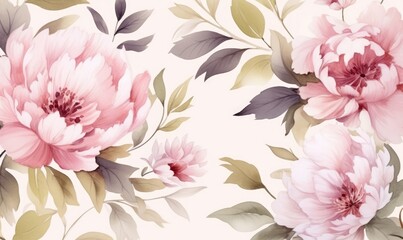 Delicate floral watercolor pattern for textiles and backgrounds, watercolor peonies flowers and green leaves, soft colors, boho style on a light background, floristic, Generative AI