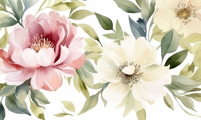 Delicate floral watercolor pattern for textiles and backgrounds, watercolor peonies flowers and green leaves, soft colors, boho style on a light background, floristic, Generative AI