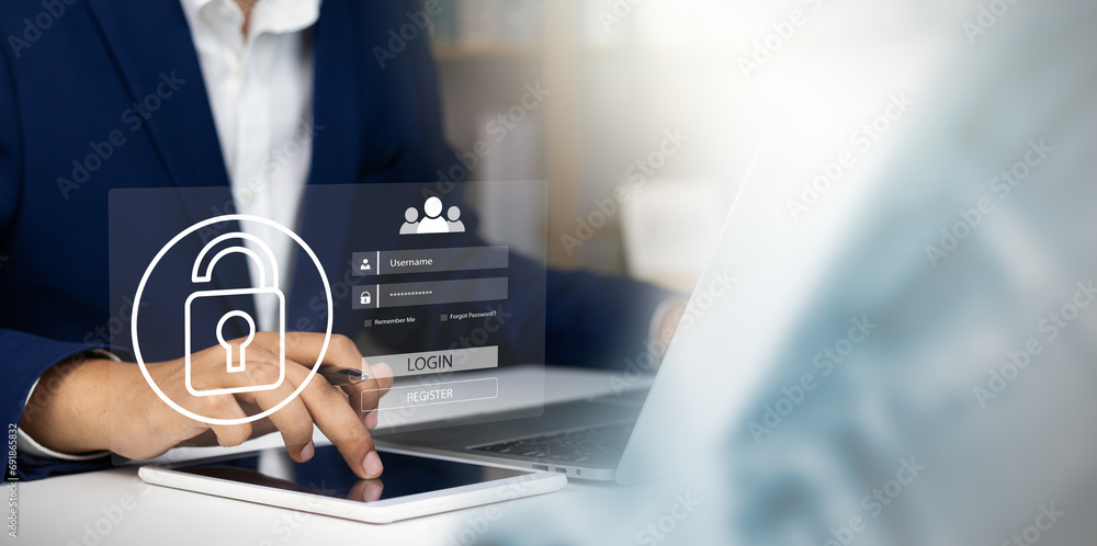 Poster cyber security concept, user enters password to login to privacy and protect personal data, secure t