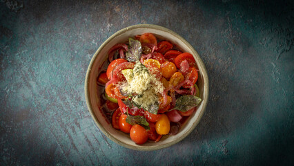 tomato salad served. healthy food at restaurant 