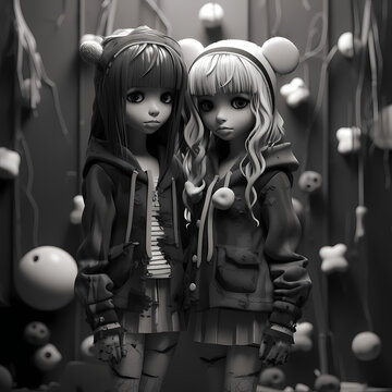 Superbe illustration de deux jolies fillettes en chapeaux en noir et blanc 