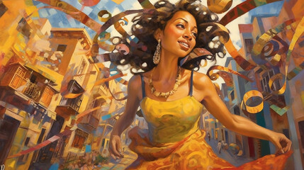 Latin hispanic or mixed woman really happy enjoying the day walking through a urban place 