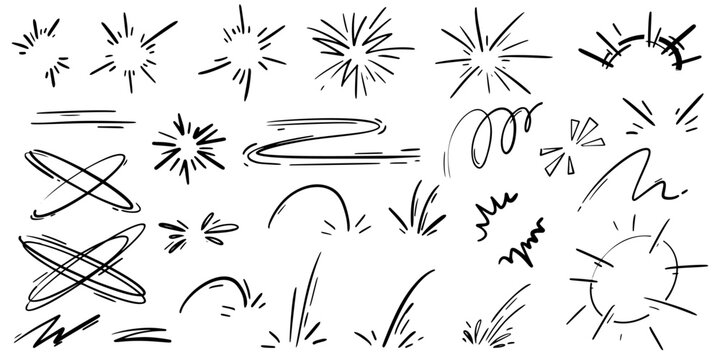 Cartoon lines effects and sparks. Vector comic doodle hand drawn splashes burst and explosion elements. Boom and bang motion sketch.