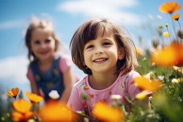 Happy little children in a blooming meadow - 691866601