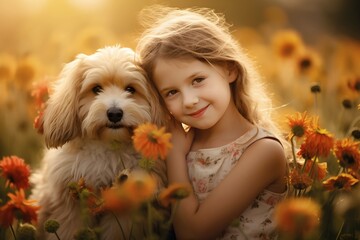 Little girl with  dog in blooming meadow - 691866627