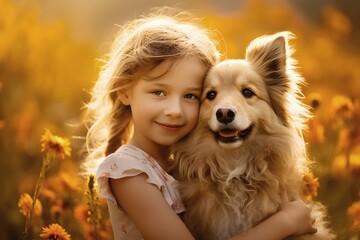 Little girl with  dog in blooming meadow - 691866640