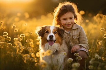 Little girl with  dog in blooming meadow - 691866656