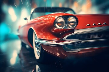 Close up of red retro car. American classic car. - 691866686