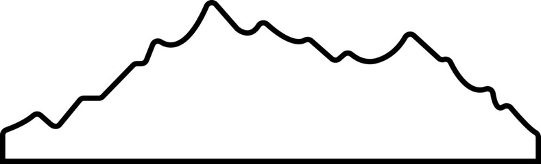 Black Line Rock Hill and Mountain icon of rocky landscape shape, vector mount peak icon. Valley hill silhouette for hiking, camping or climbing sport, travel editable stock on transparent background.