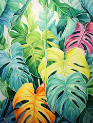 Beautiful Watercolor Tropical Leaves, a group of colorful leaves.