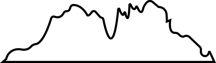 Black Line Rock Hill and Mountain icon of rocky landscape shape, vector mount peak icon. Valley hill silhouette for hiking, camping or climbing sport, travel editable stock on transparent background.