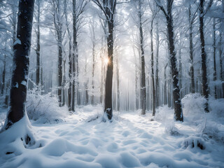 Beautiful winter forest with snow covered trees and sunbeams.
