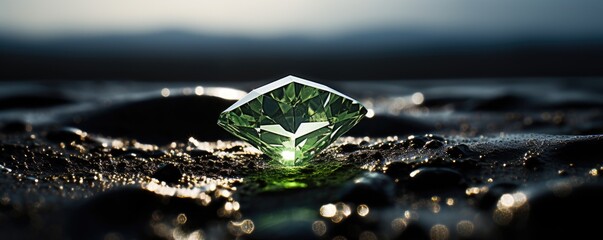 Beautiful shinning green diamond on the black background. - obrazy, fototapety, plakaty