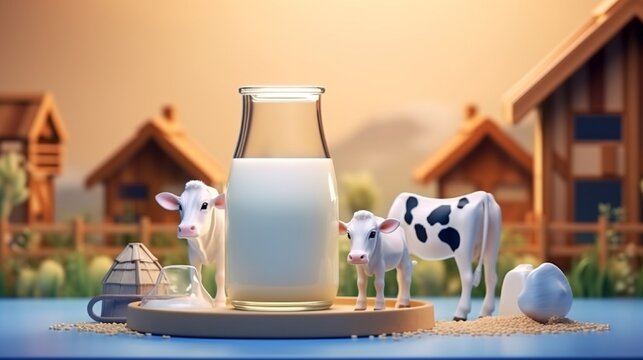 little model of dairy farm with little cow and bottle of milk generated by AI tool