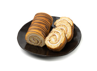 Swiss Roll, Round Sponge Cake Isolated, Sliced Rolled Vanilla Biscuit with Jam Filling