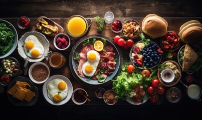 Obraz na płótnie Canvas Top view bright photo of Large selection of breakfast food on a table, sun light from side. Healthy breakfast concept