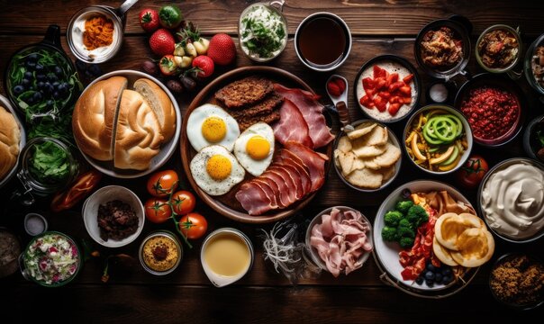 Top view bright photo of Large selection of breakfast food on a table, sun light from side. Healthy breakfast concept.