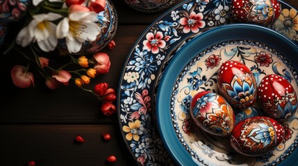 Fototapeta premium Plate Beautiful Painted Easter Eggs, HD, Background Wallpaper, Desktop Wallpaper