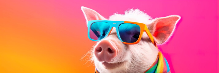 Piggy wearing oversized, vibrant sunglasses and striking a pose against a colored backdrop, promoting . Generative AI