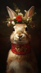 Bunny Portrait with floral elements. AI Generative