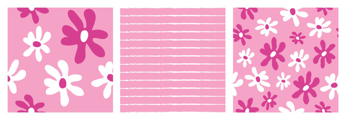 set of abstract modern seamless pattern. simple, cute pattern with daisy flowers, lines, dots. pink floral vector surface design background. textiles, stationery, packaging paper, cover. art barbie