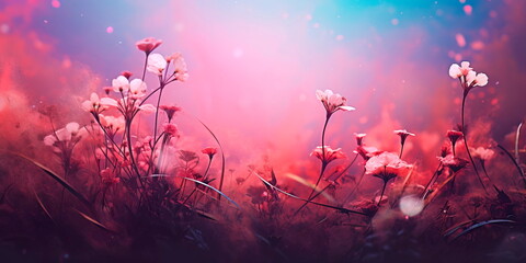 abstract background with flowers and grass on pink background . Generative Ai