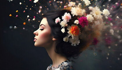 Portret młodej kobiety, kwiaty we włosach