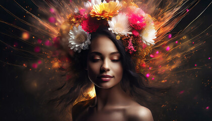 Portret młodej kobiety, kwiaty we włosach