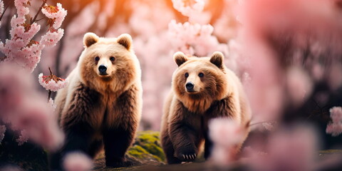 spring walk of bears among blossoming trees. Generative AI - obrazy, fototapety, plakaty