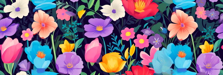 Fototapeta na wymiar Summer flowers pattern in flat style , wallpaper , Generative AI