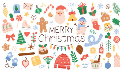 Christmas big set elements. Merry Christmas stickers. Hand drawn vector illustration