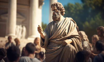 Ancient Philosopher Statue Delivering a Speech in Front of a Classical Greek Architecture with an Audience Listening Intently - obrazy, fototapety, plakaty