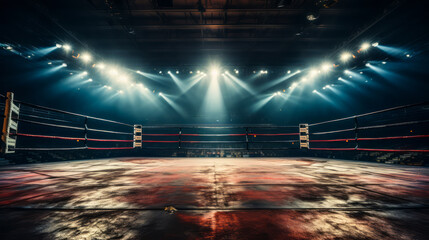 Empty Boxing Ring Under Spotlight in Arena with Illuminated Lights and Shadows Cast on Floor, Anticipation of Upcoming Fight Event - obrazy, fototapety, plakaty