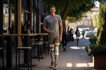 A young man with a prosthetic legs engaged showcasing resilience, health, and vitality in a city setting.