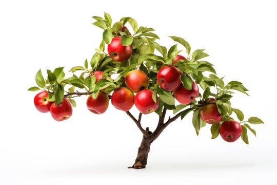 Ripe, juicy red apples hanging from a branch in an orchard, showcasing the abundance of a fruitful harvest.