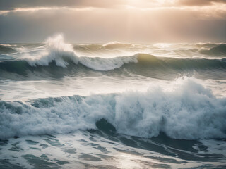 Fototapeta premium Beautiful seascape with ocean waves at sunset. Toned.